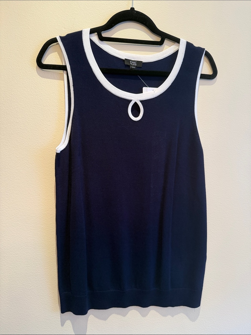 Navy Sleeveless Knit Tank with White Trim - CHIC by Jacob